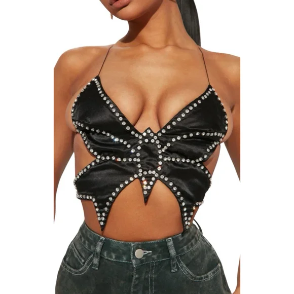 Jumisee Butterfly Top Womens Size M Black Open Back Beaded Rhinestone - Picture 3 of 10
